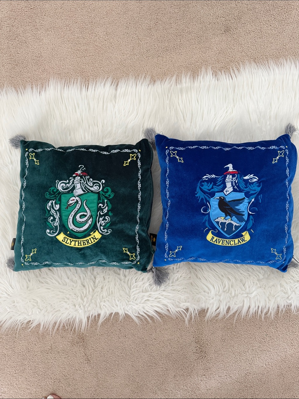 Slytherin & Ravenclaw Velvet Crest Throw Pillows set of 2 - Green and Blue